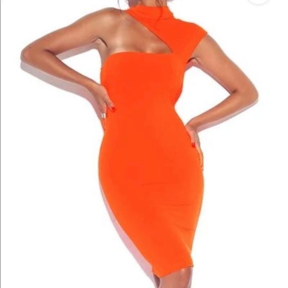 🔥Jolene Orange Neck Cutout Stretch Crepe Dress - Picture 3 of 6